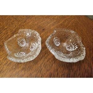 Vintage Set 2 Clear Glass Fostoria Grape Leaf Shaped Footed Salt Cellar Dip Dish